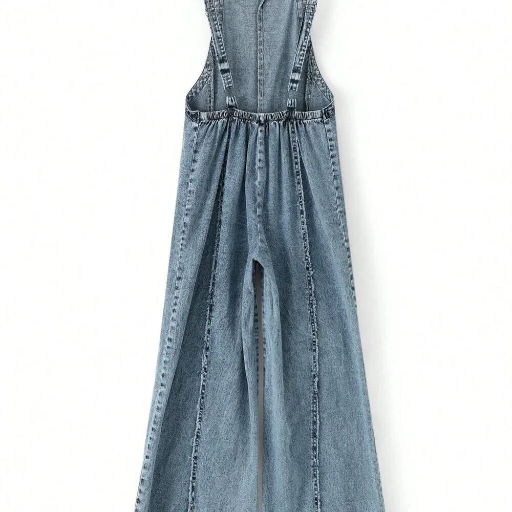 Blue Casual Women's Denim Overalls Washed Trim Sleeveless Wide Leg Jumpsuit